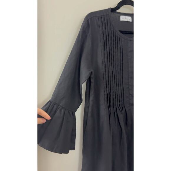 LJC 100% Linen‎ Lagenlook Resortwear Minimalist Pleat Ruffle Black Shirt Dress M - Picture 9 of 11